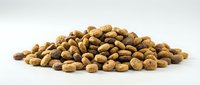 Pile of dry pet food kibble isolated on white background, mixed brown and tan nuggets for dogs or cats, nutrition and care concept.