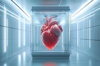 Anatomical heart specimen displayed in transparent case within modern medical laboratory with glowing blue lighting and reflective surfaces.