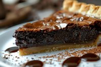 Rich chocolate tart slice with flaky pastry crust on white plate, dusted with cocoa powder and drizzled with chocolate sauce for dessert menu design.