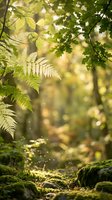 Sunlit forest floor with ferns and moss-covered rocks creating peaceful woodland atmosphere. Natural light filters through green canopy in serene outdoor setting.