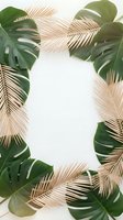 Tropical frame with golden palm leaves and monstera foliage on white background for summer design projects and natural botanical decorations.
