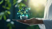 Digital hologram of growing plant emerging from tablet in hand against green nature background, representing sustainable technology and eco innovation.