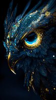 Mystical eagle eye with glowing blue and gold details against dark background, featuring ornate feathers and intricate patterns for fantasy art and design projects.