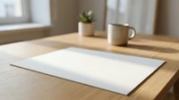 Blank white paper on wooden desk with coffee mug and potted plant by window, ready for mockup, branding, or design projects.