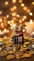 Ceramic figurines of elderly couple with dog sitting on gold coins, warm bokeh lights and candles, symbolizing retirement wealth and love.