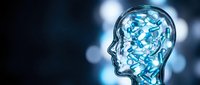 Transparent glass human head profile with glowing blue neural network patterns inside brain on dark background with bokeh lights for medical concepts.