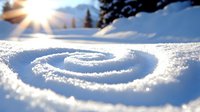 Spiral pattern drawn in fresh snow glittering in sunlight with mountain landscape and pine trees in background.