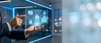 Smart home automation system with digital interface showing connected devices and security features controlled by businessman in modern office environment.