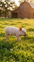 Young piglet standing in sunny pasture with wildflowers and red barn in background, suitable for agriculture, farming, and rural lifestyle content.
