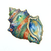 Ornate decorative leaf-shaped dish with layered colorful enamel patterns in blue, green, orange and gold tones, isolated on white background for design projects.