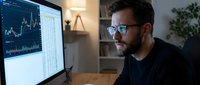 Male trader with dark hair and beard, wearing glasses and dark shirt, analyzing stock market charts on computer monitor in modern office environment with warm lighting and plants.