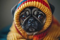 Adorable pug dog wearing colorful knitted winter hat and sweater, cozy pet portrait for seasonal marketing and holiday greeting cards.