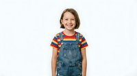 Happy young Caucasian girl in colorful striped shirt and denim overalls smiling at camera on white background isolated for design projects.