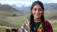 Young indigenous woman in traditional colorful clothing smiling outdoors with mountain landscape background for cultural diversity and heritage concepts.