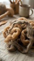 Natural wool fleece in brown and beige tones on rustic linen fabric with craft tools and ceramic mug in soft morning light for handmade textile projects.