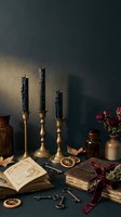 Dark moody still life with vintage brass candlesticks, old books, dried flowers and antique objects creating atmospheric home decor scene.