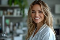 Young Caucasian woman with blonde wavy hair and bright smile wearing white medical coat in modern clinic setting. Professional healthcare portrait with soft natural lighting.