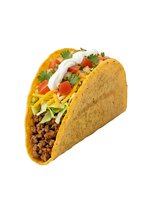 Crispy corn taco shell filled with seasoned ground beef, shredded cheese, lettuce, tomato, and sour cream isolated on white background for food service and restaurant menu design.
