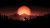 Silhouette of deer in mountain wilderness at sunset with orange sky and forest landscape for nature and wildlife themed designs.