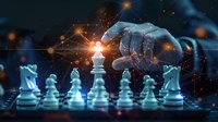 Strategic chess game concept with glowing king piece and digital network connections, perfect for business strategy and leadership presentations in modern corporate setting.