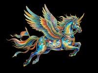 Colorful winged unicorn with golden horn and ornate armor, isolated on transparent background, ready for stickers, t-shirt design, and print on demand use.
