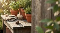 Small potted herbs and plants arranged on rustic wooden table in sunny garden setting with natural twine and gardening tools for organic cultivation.