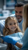 Young girl with long wavy hair smiling during dental checkup while mature dentist in background observes examination performed by dental assistant wearing blue gloves.