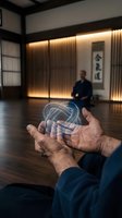 Elderly hands holding glowing holographic energy sphere in traditional Japanese meditation room with wooden interior and warm ambient lighting.