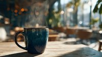 Steaming blue ceramic mug on wooden table in cozy cafe with soft morning light and blurred background, creating warm atmosphere for coffee break.