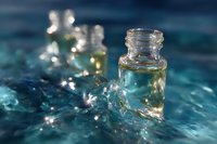 Small glass bottle with essential oil or perfume on turquoise water surface with splashes and bokeh lights creating magical atmosphere.