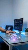 Hand interacting with holographic AI interface on modern desk with computer monitors displaying analytics dashboards in blue ambient lighting workspace.