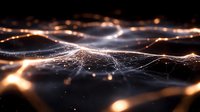 Abstract network of glowing particles and light waves flowing on dark background, creating dynamic digital landscape with orange and white illuminated connections.