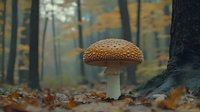 Large spotted mushroom growing in autumn forest with fallen orange leaves and misty atmosphere, macro nature photography against blurred woodland background.