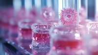 Pink coronavirus cell floating in laboratory test tubes with red liquid, scientific research concept in soft focus macro photography. Medical study background.