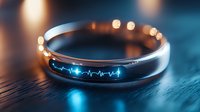 Glowing ring with blue heartbeat pulse line on dark background, modern jewelry design with illuminated health tracking display for smart accessories.