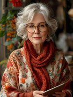 Senior Caucasian woman with silver hair and glasses wearing orange knit scarf and floral sweater holding tablet in cozy autumn home interior.