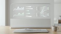 Modern laptop displaying financial analytics dashboard with green charts and data visualization on wooden desk in minimalist office workspace.