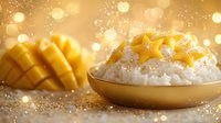 Creamy coconut rice pudding topped with fresh mango stars and sliced tropical fruit on golden bokeh background, dessert styling for restaurant menu.
