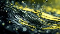 Water droplet creating rippling splash effect against dark surface with golden bokeh lights, captured in macro photography showing liquid dynamics and surface tension.
