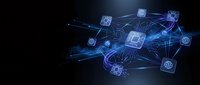 Digital technology network with glowing circuit board and connected icons on dark blue background for modern tech presentations and designs.