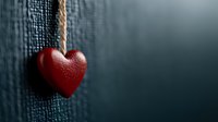 Red heart shape hanging on rope against dark textured background with dramatic lighting and shallow depth of field, symbolizing love, hope and connection.