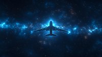 Commercial airplane silhouette flying through starry night sky with glowing blue nebula clouds, dramatic cosmic background for transportation and travel concepts.