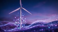 Wind turbine glowing with digital energy waves at night, symbolizing renewable power, clean technology, and sustainable future innovation.