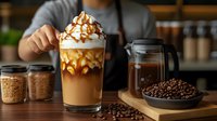 Caramel macchiato topped with whipped cream and drizzle sauce in glass, coffee beans and barista in background at coffee shop counter.