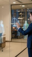 Businessman interacting with holographic justice scales and legal team projections in modern office environment showcasing future legal technology solutions.