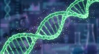 Glowing green DNA double helix structure with molecular particles on blue purple background for genetic research and biotechnology applications.
