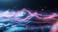 Abstract glowing wave pattern with pink and blue particles flowing in dark space, creating dynamic motion effect with bokeh lights and shimmering elements.