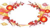 Chinese New Year festive frame with red lanterns, cherry blossoms, golden clouds and traditional decorations on white background for holiday designs.