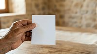 Mature adult male hand holding blank white card or paper against rustic stone wall background, suitable for mockups, presentations, voting concepts, and promotional designs.