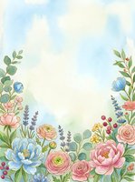 Watercolor floral border with pink, blue, and lavender blooms on a soft pastel background, perfect for greeting cards and wedding invitations.
